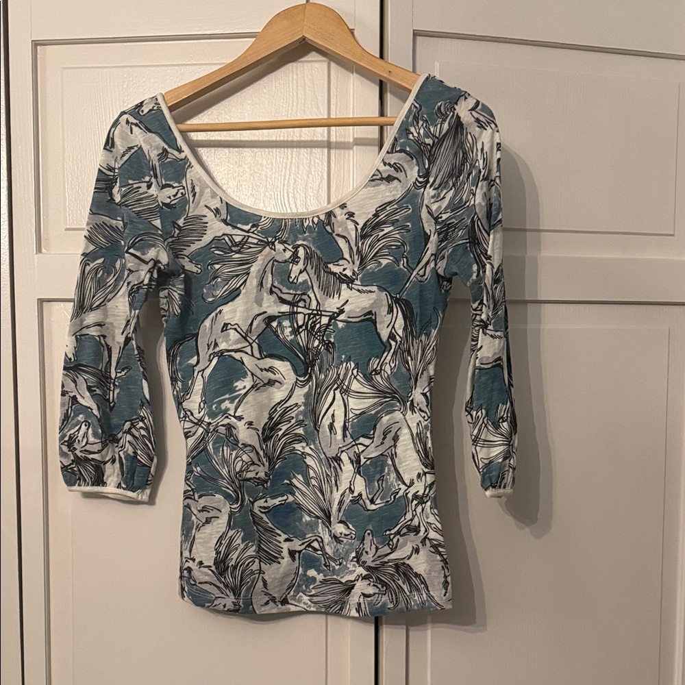 Anthropologie Teal and White Horse Print Long Sleeve Top